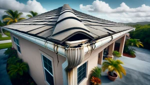 Clogged and overflowing gutters on a Florida home — gutter maintenance by Blitz Roofing & Construction
