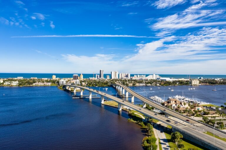 Aerial view of Daytona Beach and the Halifax River in Volusia County, Florida